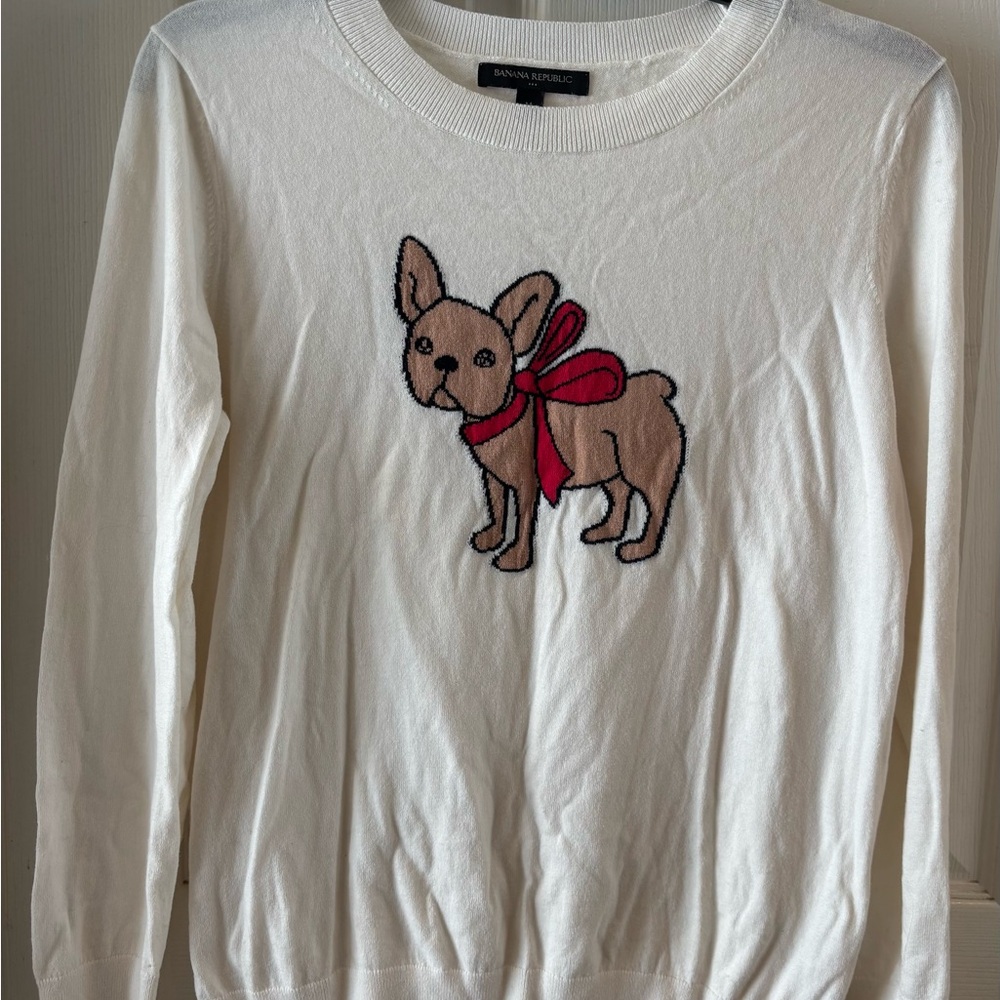 Banana Republic Cream Sweater with French Bulldog and Red Bow